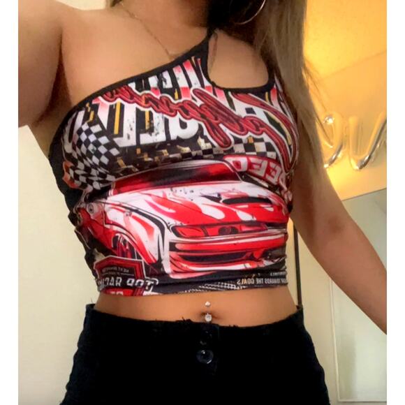New‎ Small Red Grunge Motorsport Graphic Racing Car Crop One shoulder - Picture 1 of 5